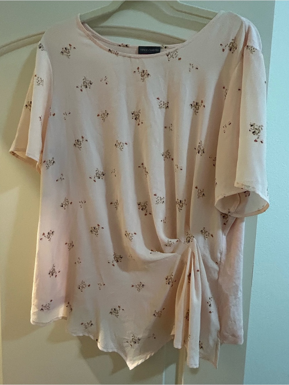 Vince Camuto Light Pink Floral Side-Tie Short Sleeve Blouse